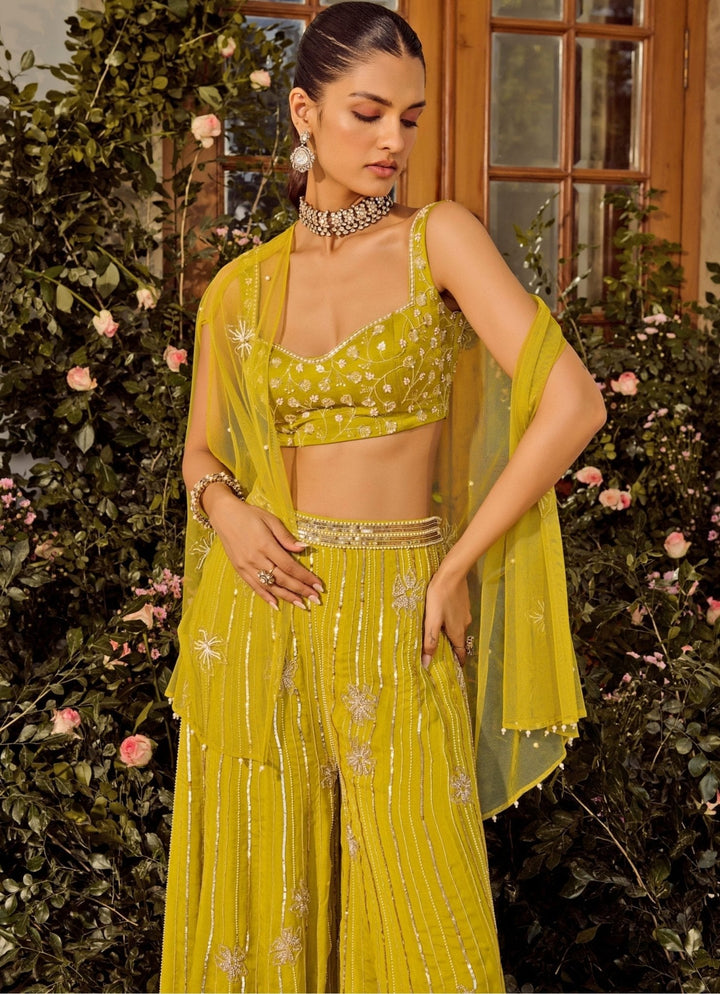 Lime Green Silk Pant Set With Cape Parul Gandhi - Fabilicious Fashion