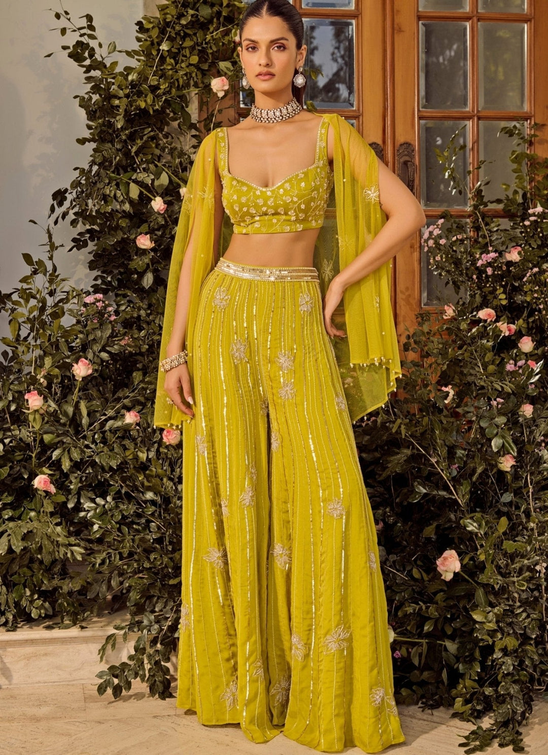 Lime Green Silk Pant Set With Cape Parul Gandhi - Fabilicious Fashion