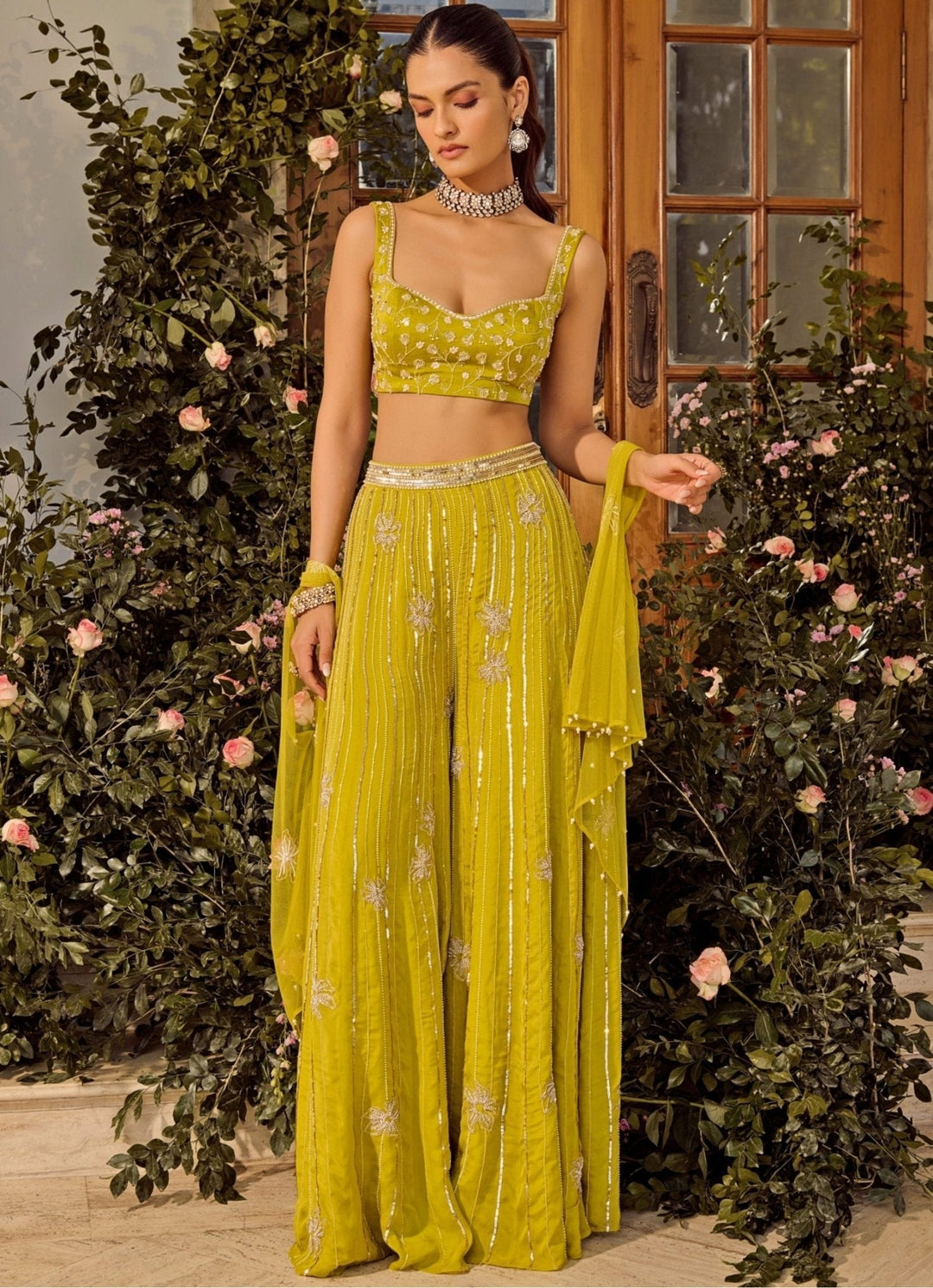 Lime Green Silk Pant Set With Cape Parul Gandhi - Fabilicious Fashion