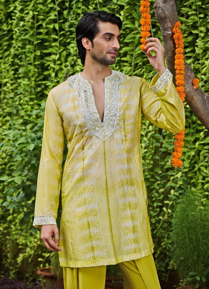 Lime Green Silk Tie and Dye Kurta Dhoti Set Nitika Gujral - Men - Fabilicious Fashion