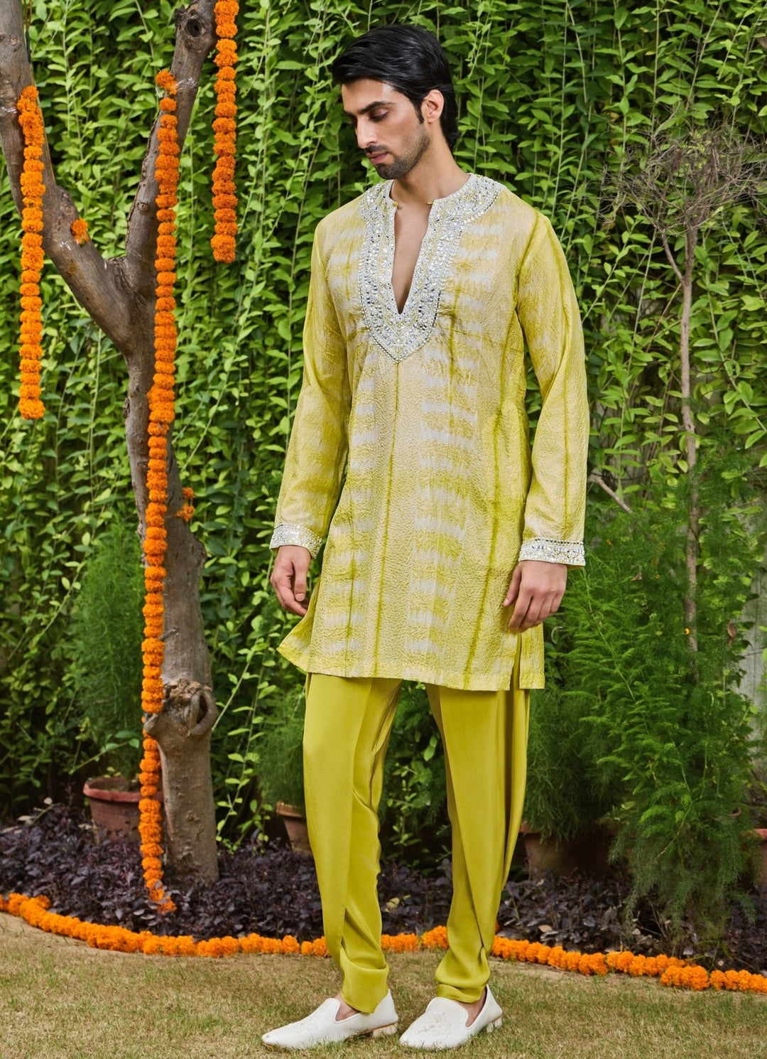Lime Green Silk Tie and Dye Kurta Dhoti Set Nitika Gujral - Men - Fabilicious Fashion