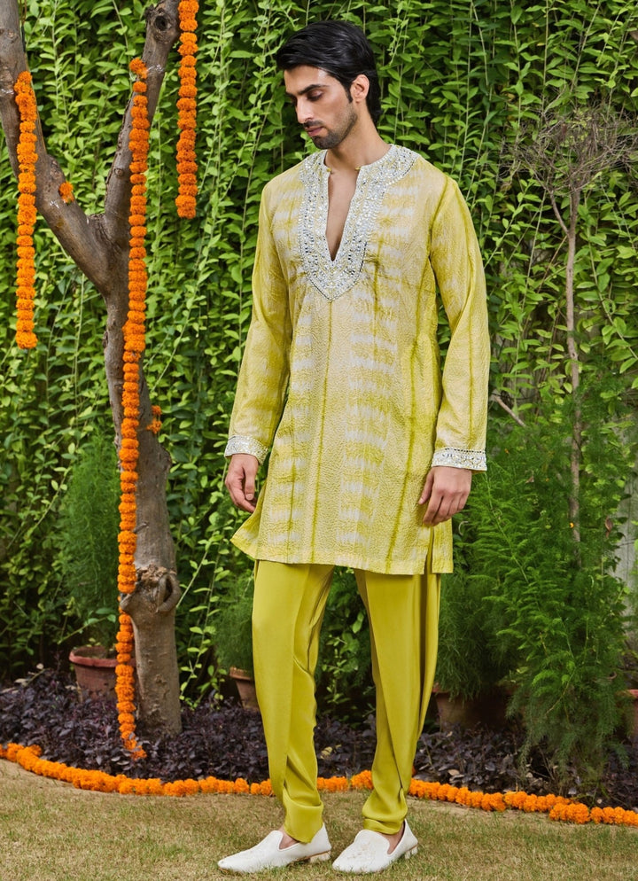 Lime Green Silk Tie and Dye Kurta Dhoti Set Nitika Gujral - Men - Fabilicious Fashion