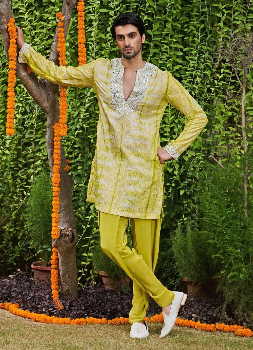 Lime Green Silk Tie and Dye Kurta Dhoti Set Nitika Gujral - Men - Fabilicious Fashion