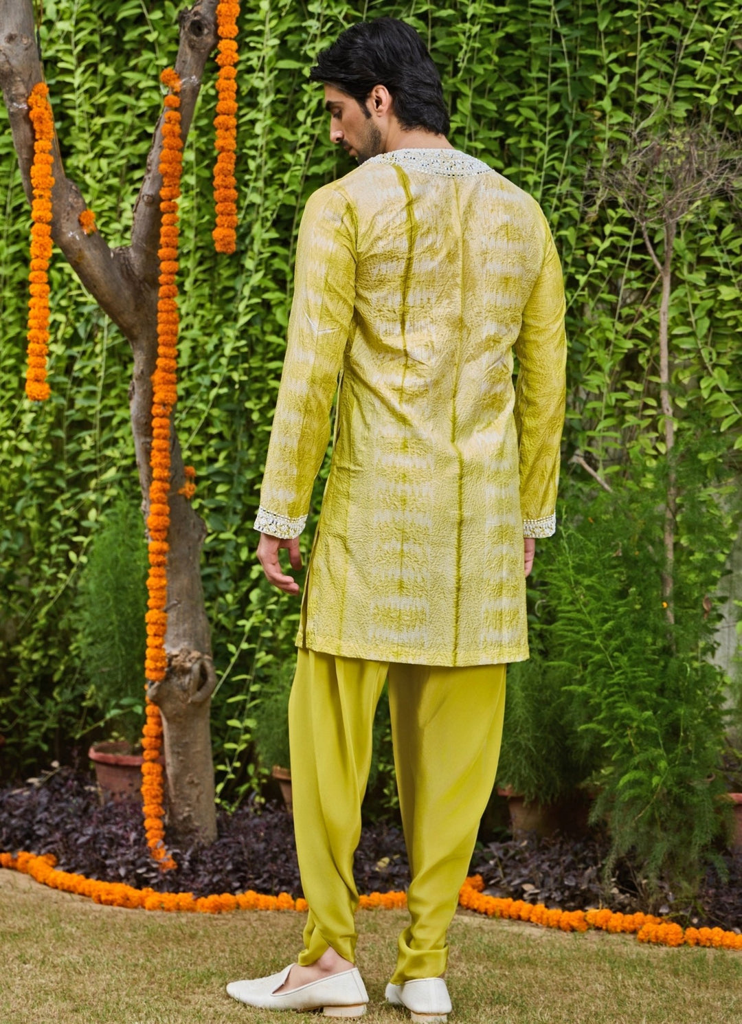 Lime Green Silk Tie and Dye Kurta Dhoti Set Nitika Gujral - Men - Fabilicious Fashion