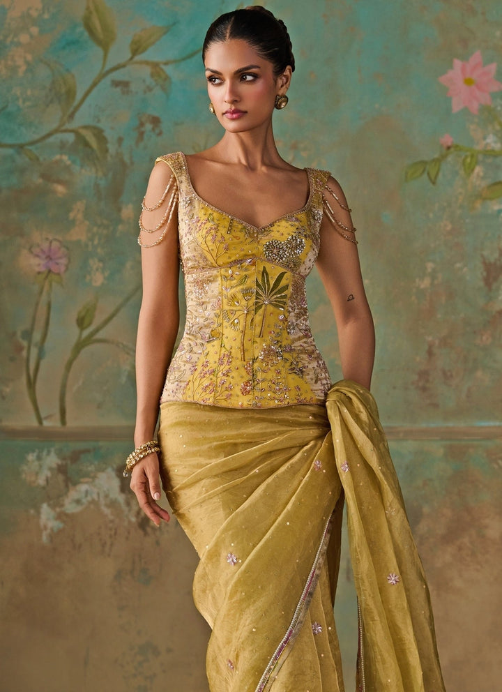 Zoon Tribe Lime Green Silk Tissue Saree With CorsetFabilicious Fashion