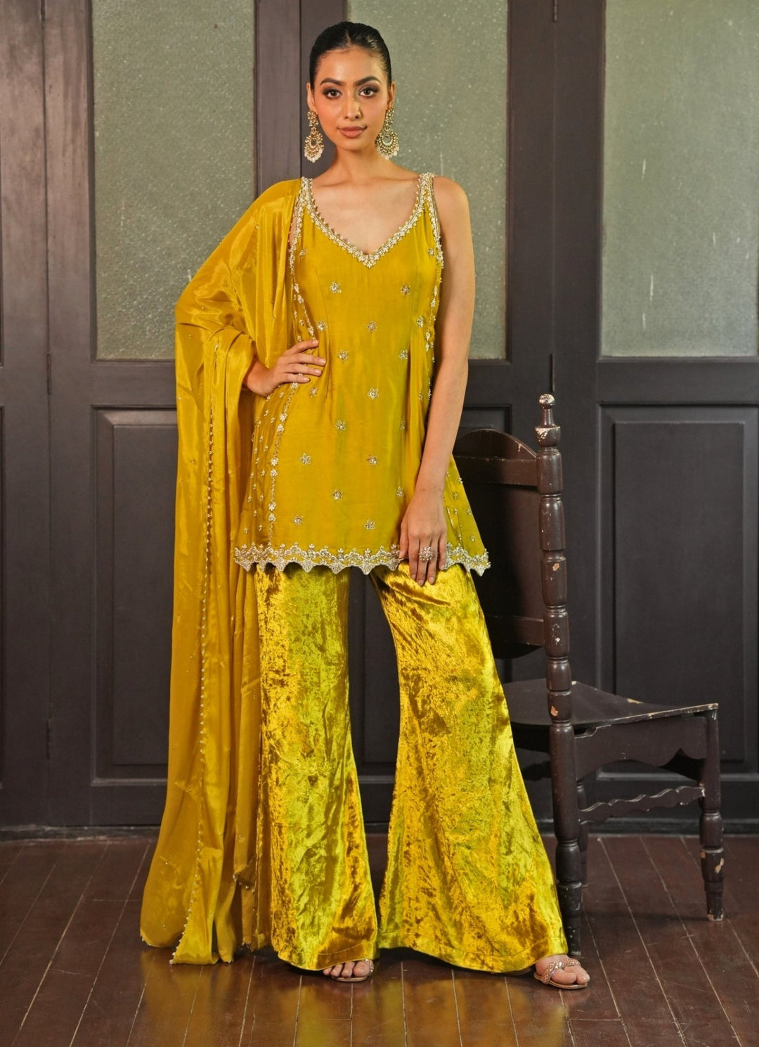 Lime Green Silk Tunic Set With Velvet Pants Enamour by Radha - Fabilicious Fashion