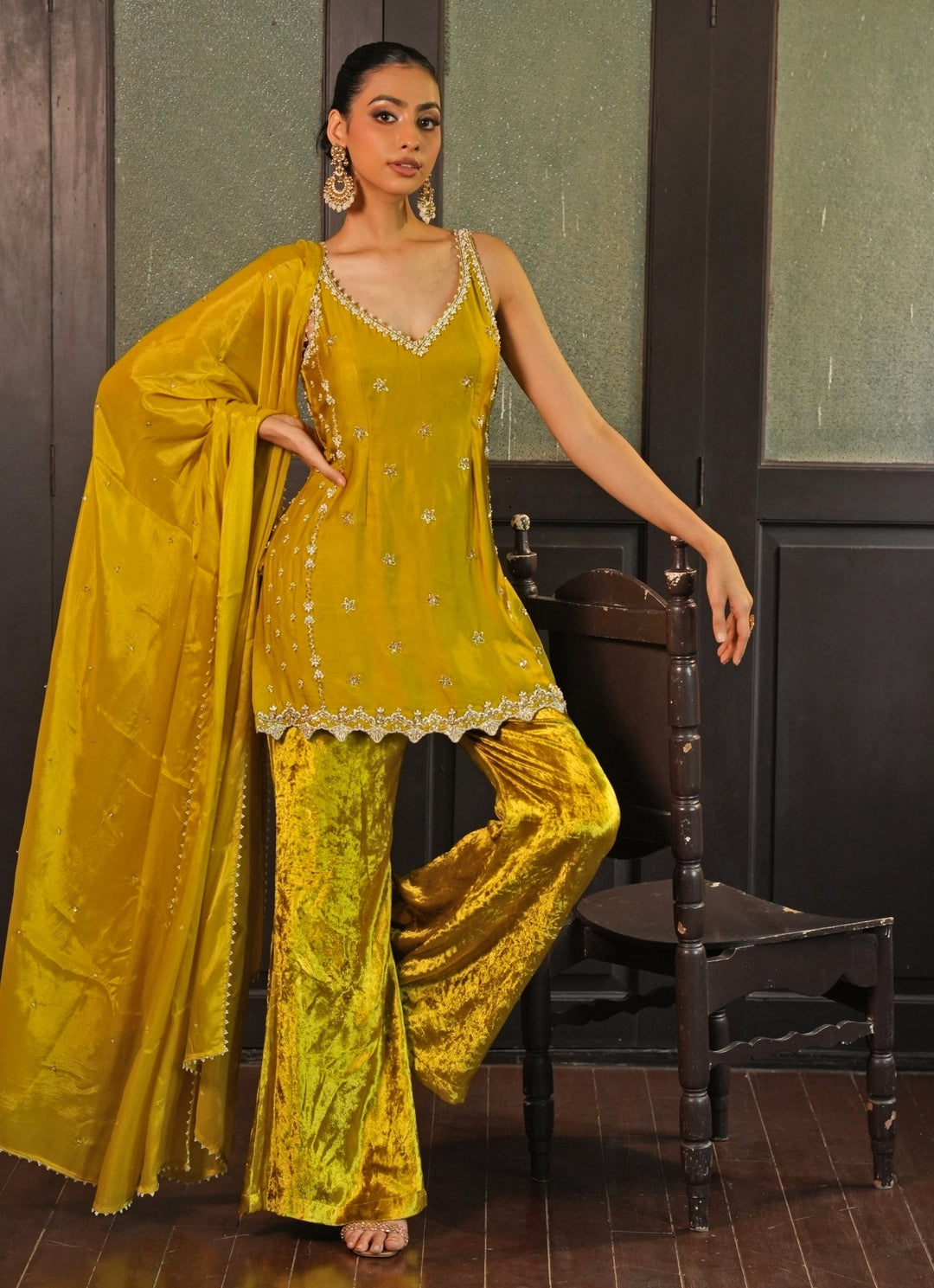 Lime Green Silk Tunic Set With Velvet Pants Enamour by Radha - Fabilicious Fashion
