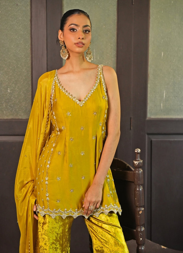 Lime Green Silk Tunic Set With Velvet Pants Enamour by Radha - Fabilicious Fashion