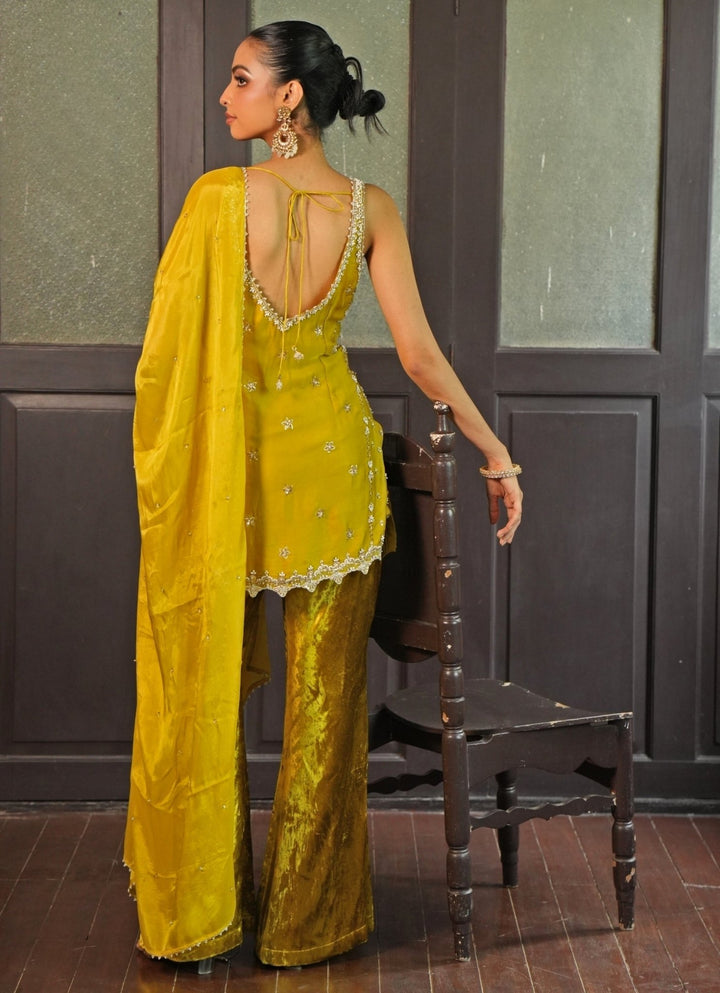 Lime Green Silk Tunic Set With Velvet Pants Enamour by Radha - Fabilicious Fashion