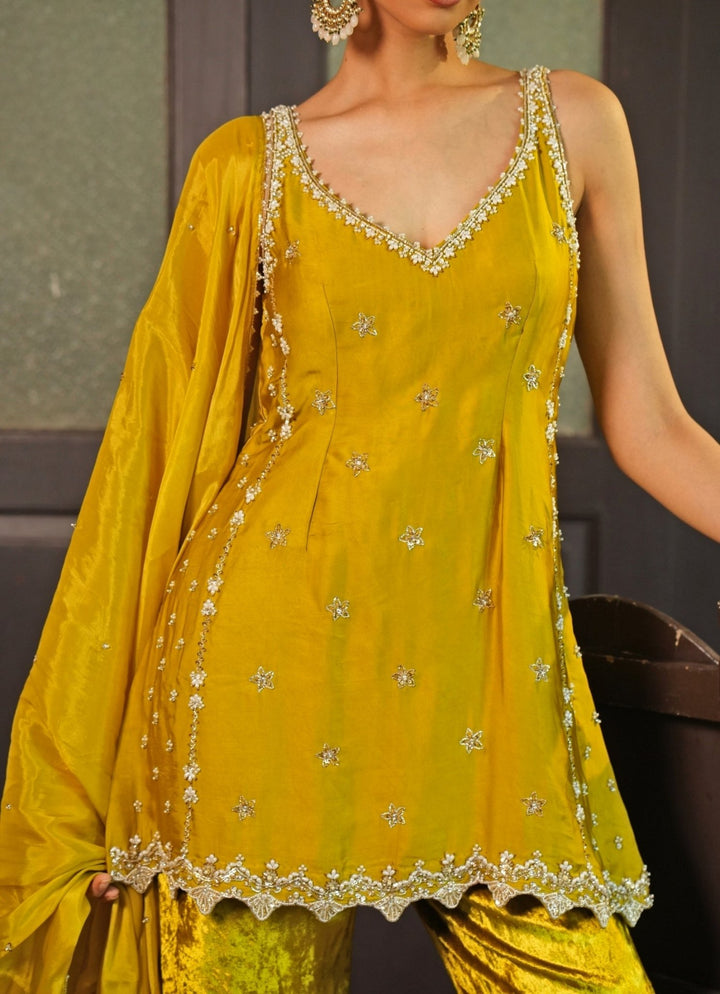 Lime Green Silk Tunic Set With Velvet Pants Enamour by Radha - Fabilicious Fashion