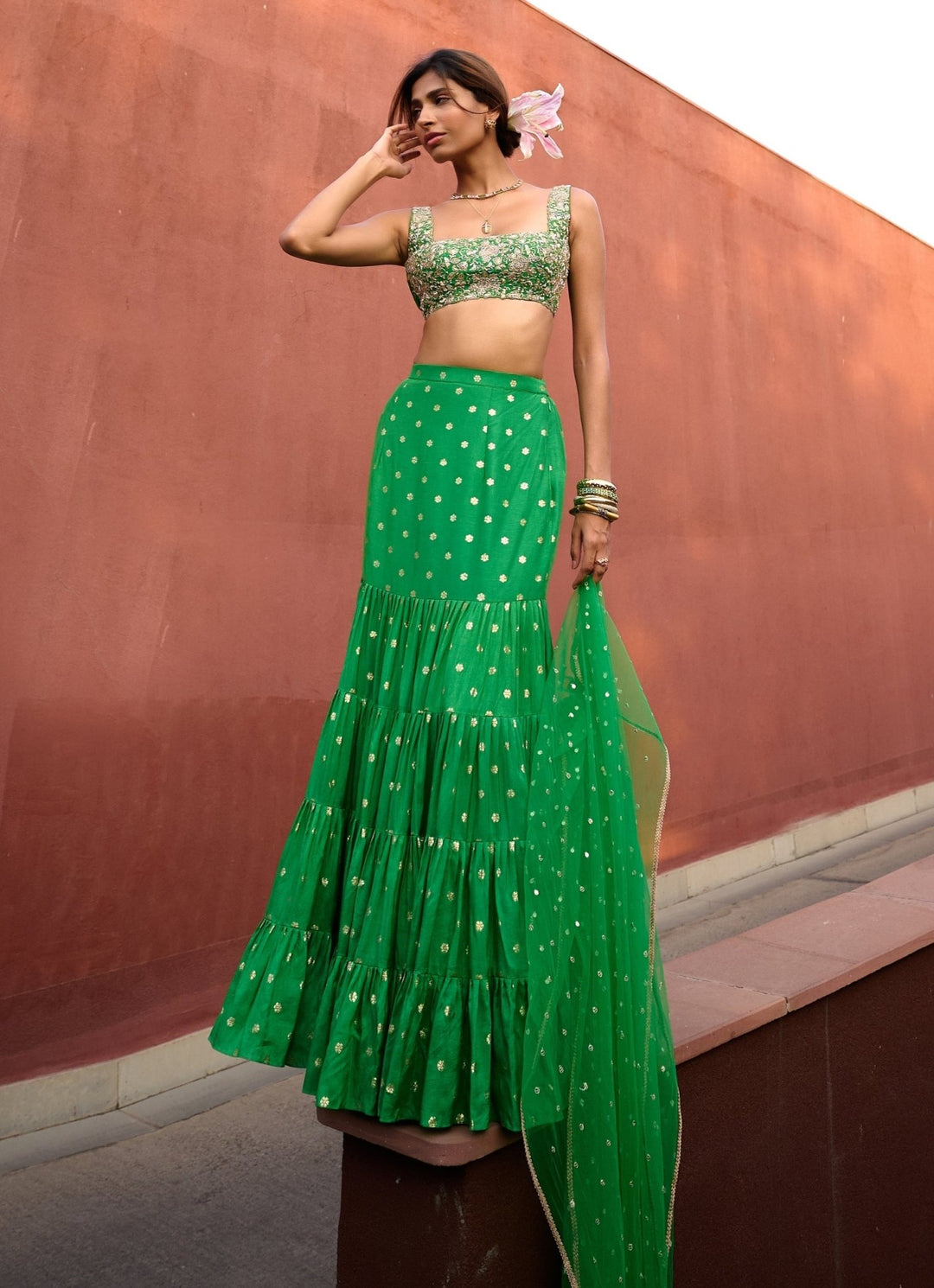 Lime Green Tiered Embellished Lehenga set Chamee and Palak - Fabilicious Fashion