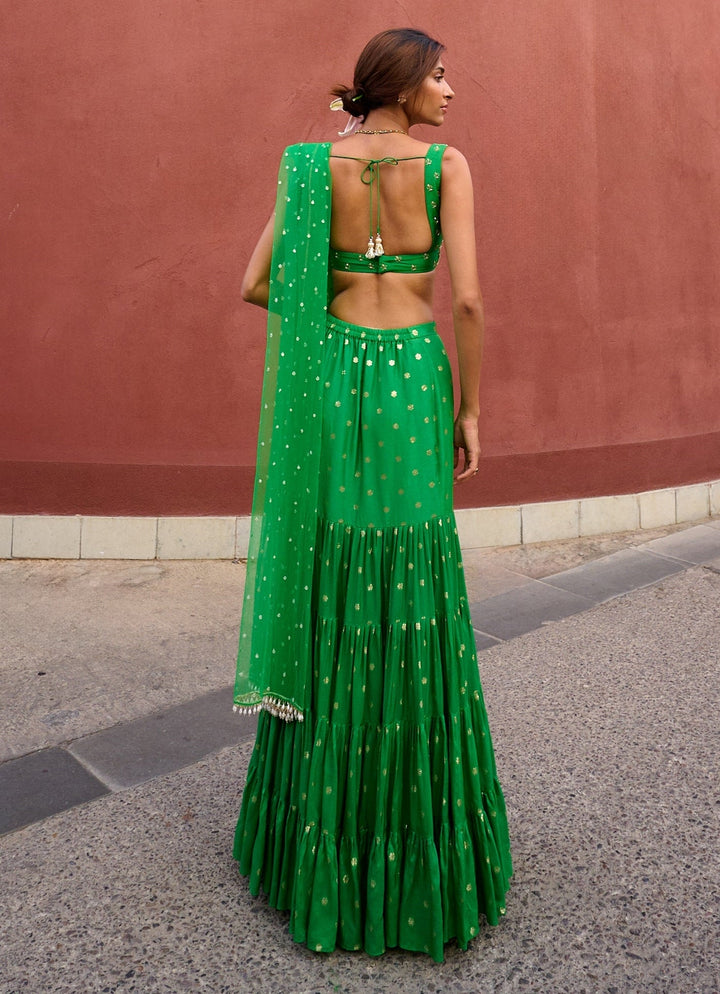 Lime Green Tiered Embellished Lehenga set Chamee and Palak - Fabilicious Fashion
