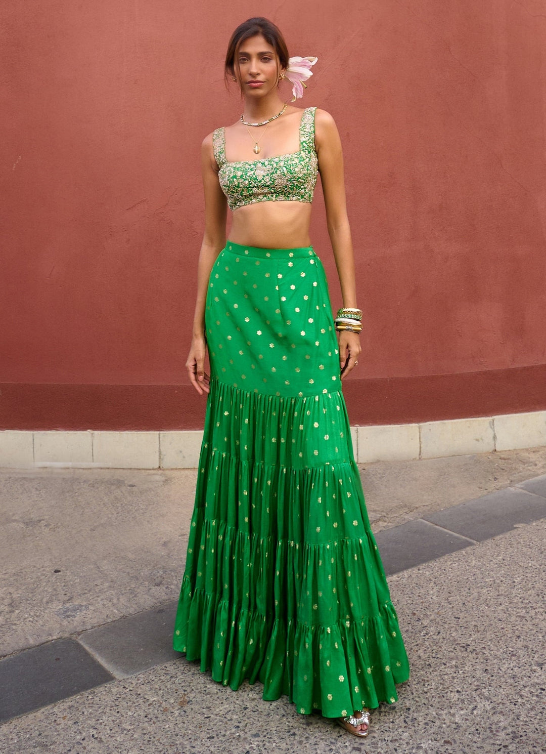 Lime Green Tiered Embellished Lehenga set Chamee and Palak - Fabilicious Fashion