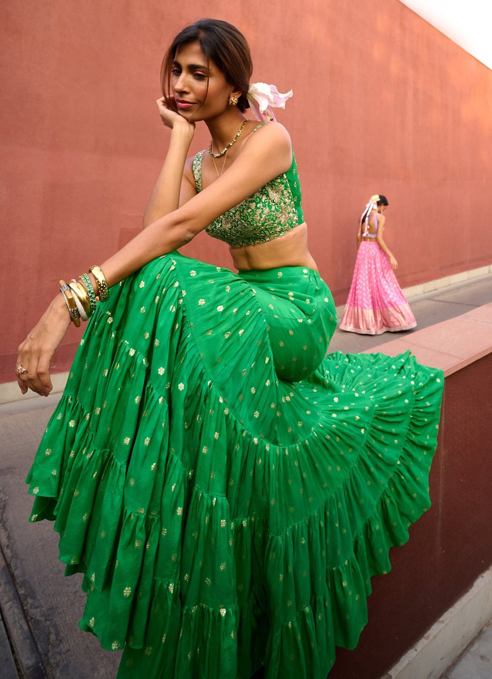 Lime Green Tiered Embellished Lehenga set Chamee and Palak - Fabilicious Fashion