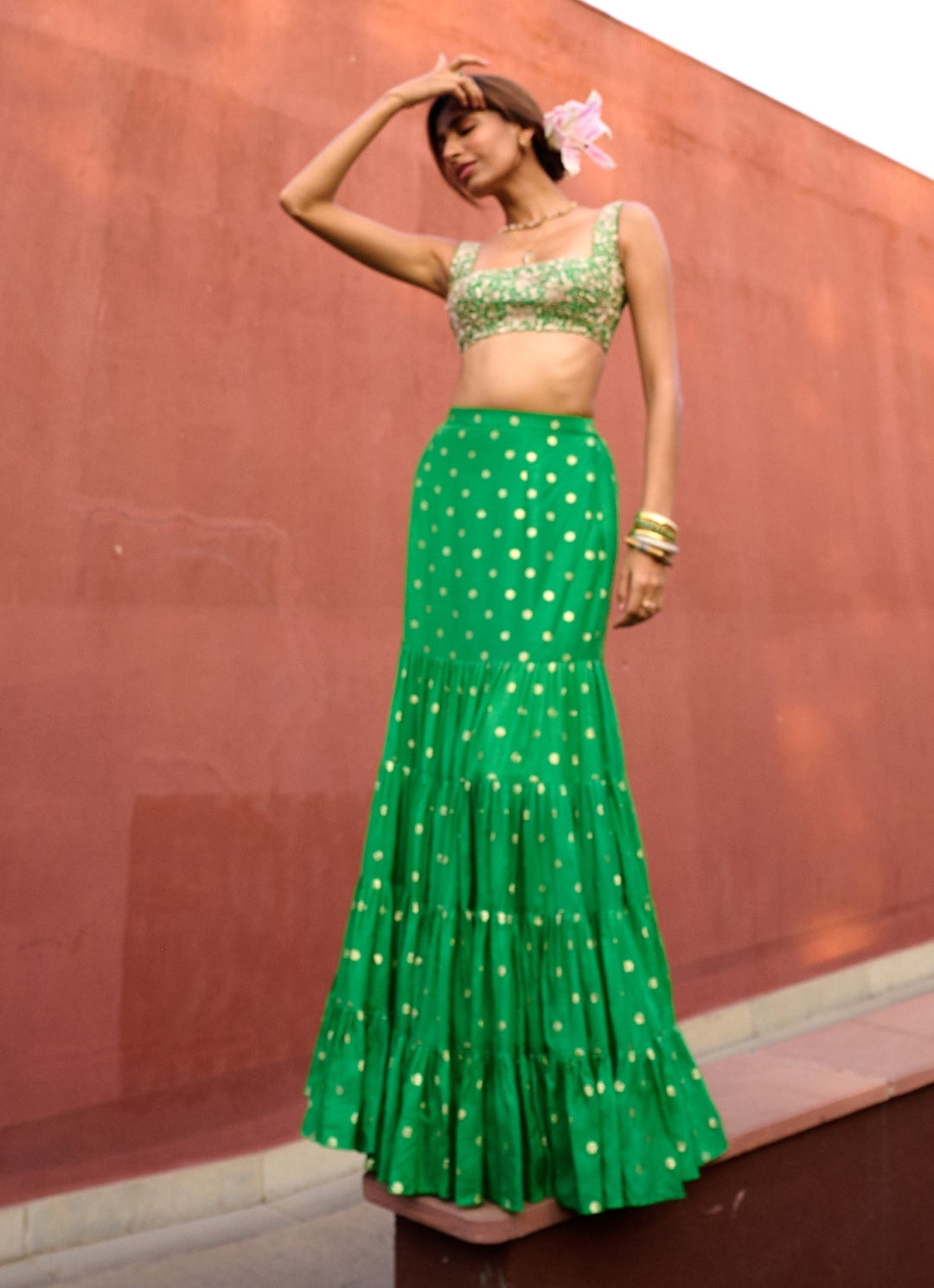 Lime Green Tiered Embellished Lehenga set Chamee and Palak - Fabilicious Fashion