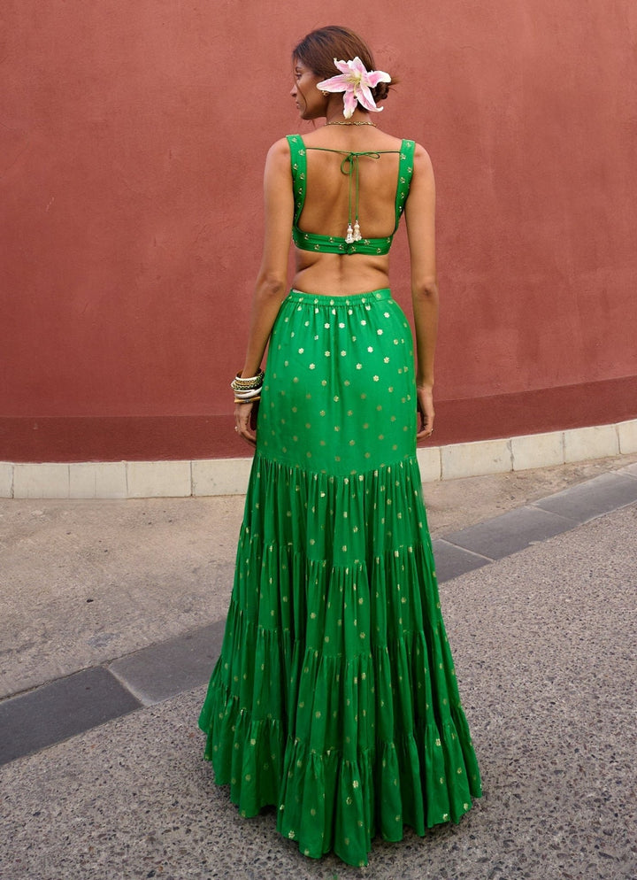 Lime Green Tiered Embellished Lehenga set Chamee and Palak - Fabilicious Fashion