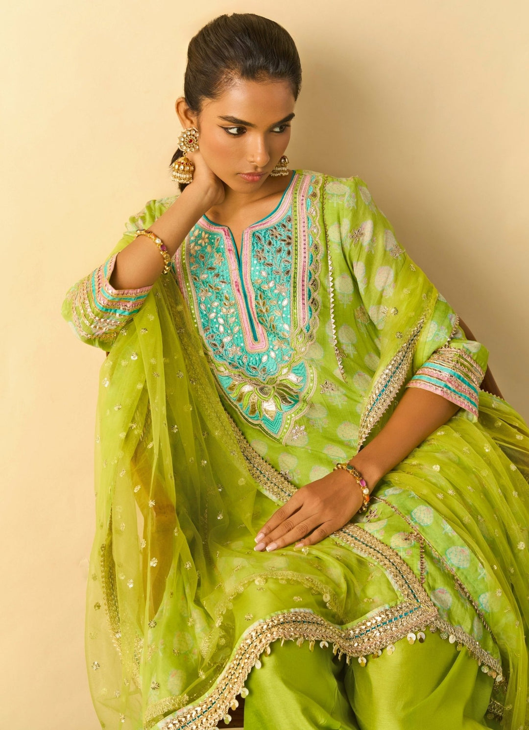 Gopi Vaid Lime Green Tussar Farshi Salwar Kurta SetFabilicious Fashion