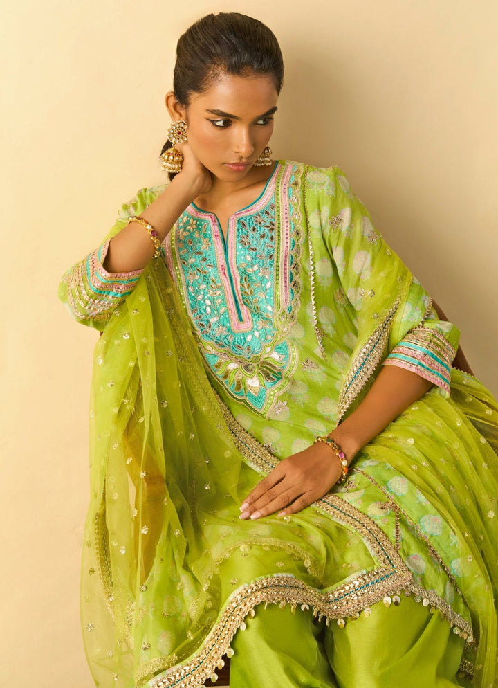 Gopi Vaid Lime Green Tussar Farshi Salwar Kurta SetFabilicious Fashion