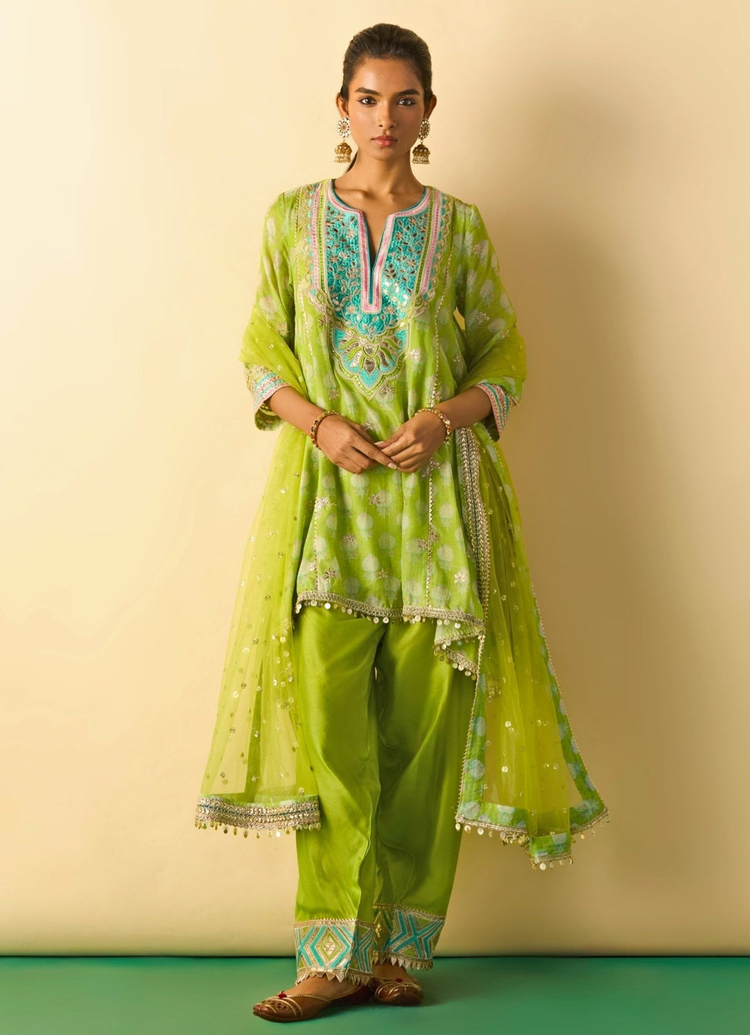 Gopi Vaid Lime Green Tussar Farshi Salwar Kurta SetFabilicious Fashion