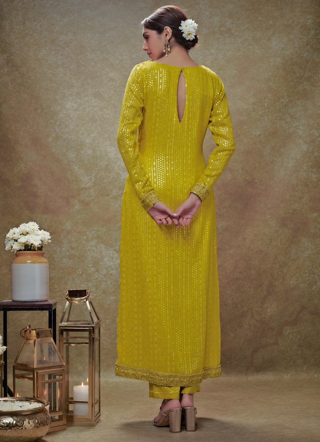 Lime Yellow and Gold Sequin Embroidered Kurta Pants Set Renee Label - Fabilicious Fashion