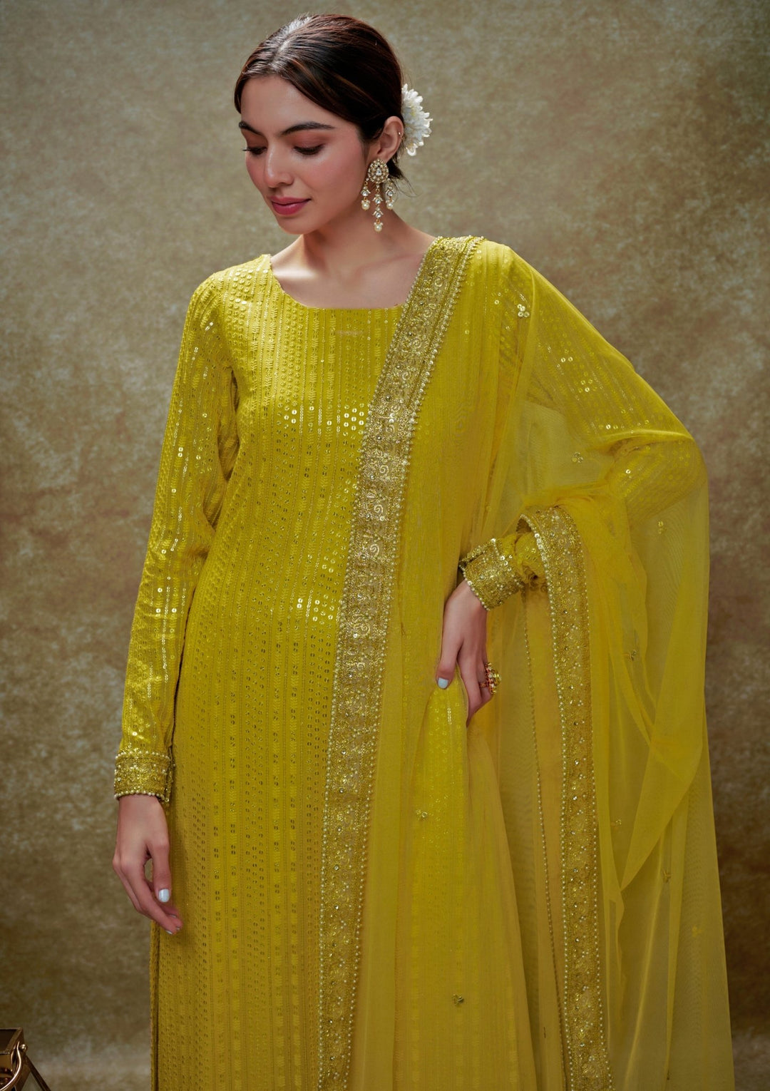Lime Yellow and Gold Sequin Embroidered Kurta Pants Set Renee Label - Fabilicious Fashion