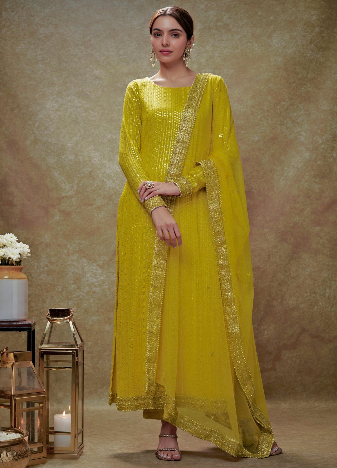 Lime Yellow and Gold Sequin Embroidered Kurta Pants Set Renee Label - Fabilicious Fashion