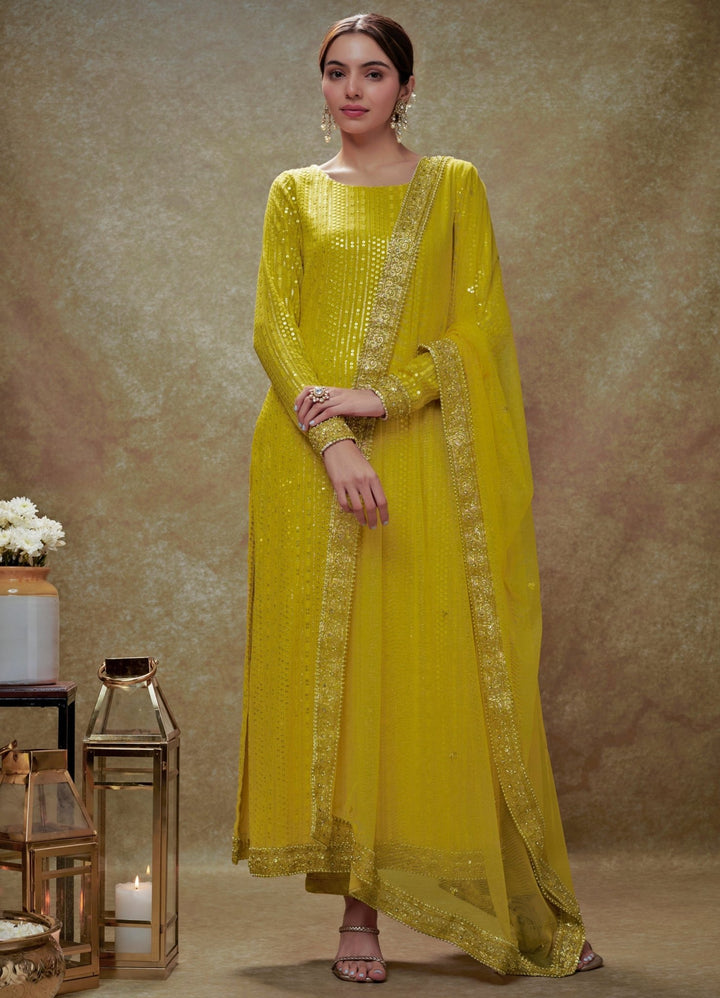 Lime Yellow and Gold Sequin Embroidered Kurta Pants Set Renee Label - Fabilicious Fashion