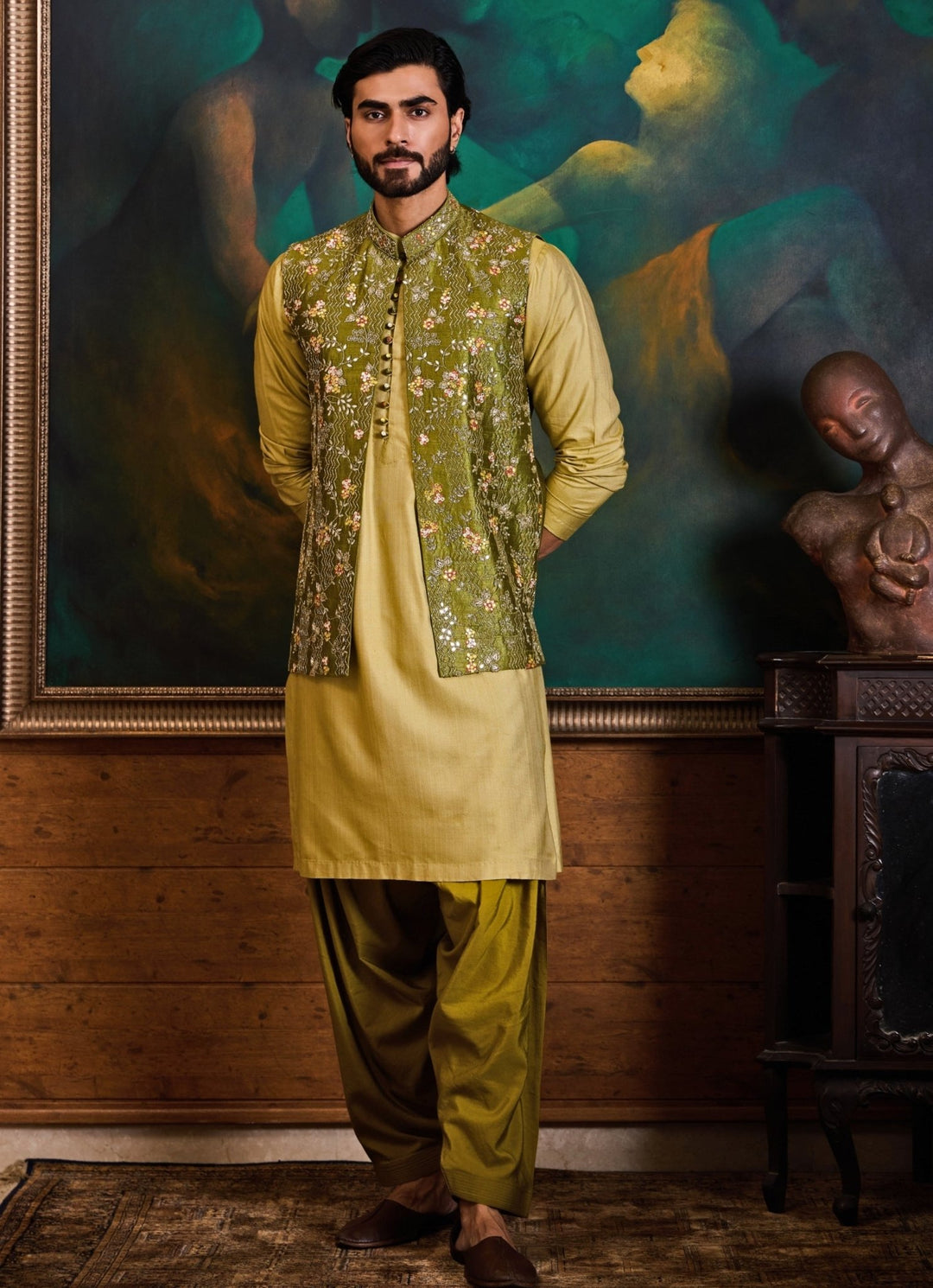 Lime Yellow and Green Raw Silk Nehru Jacket Set Nitika Gujral - Men - Fabilicious Fashion
