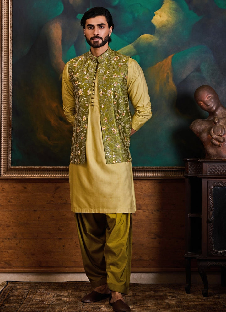 Lime Yellow and Green Raw Silk Nehru Jacket Set Nitika Gujral - Men - Fabilicious Fashion
