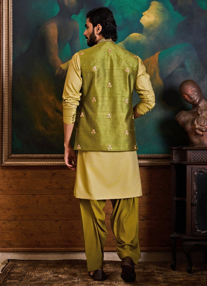Lime Yellow and Green Raw Silk Nehru Jacket Set Nitika Gujral - Men - Fabilicious Fashion