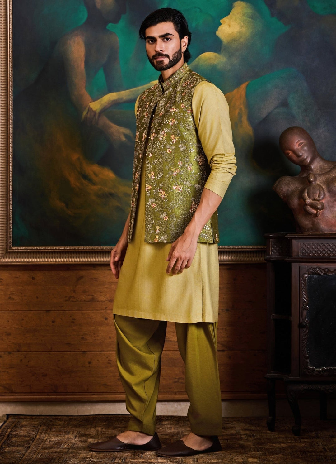 Lime Yellow and Green Raw Silk Nehru Jacket Set Nitika Gujral - Men - Fabilicious Fashion