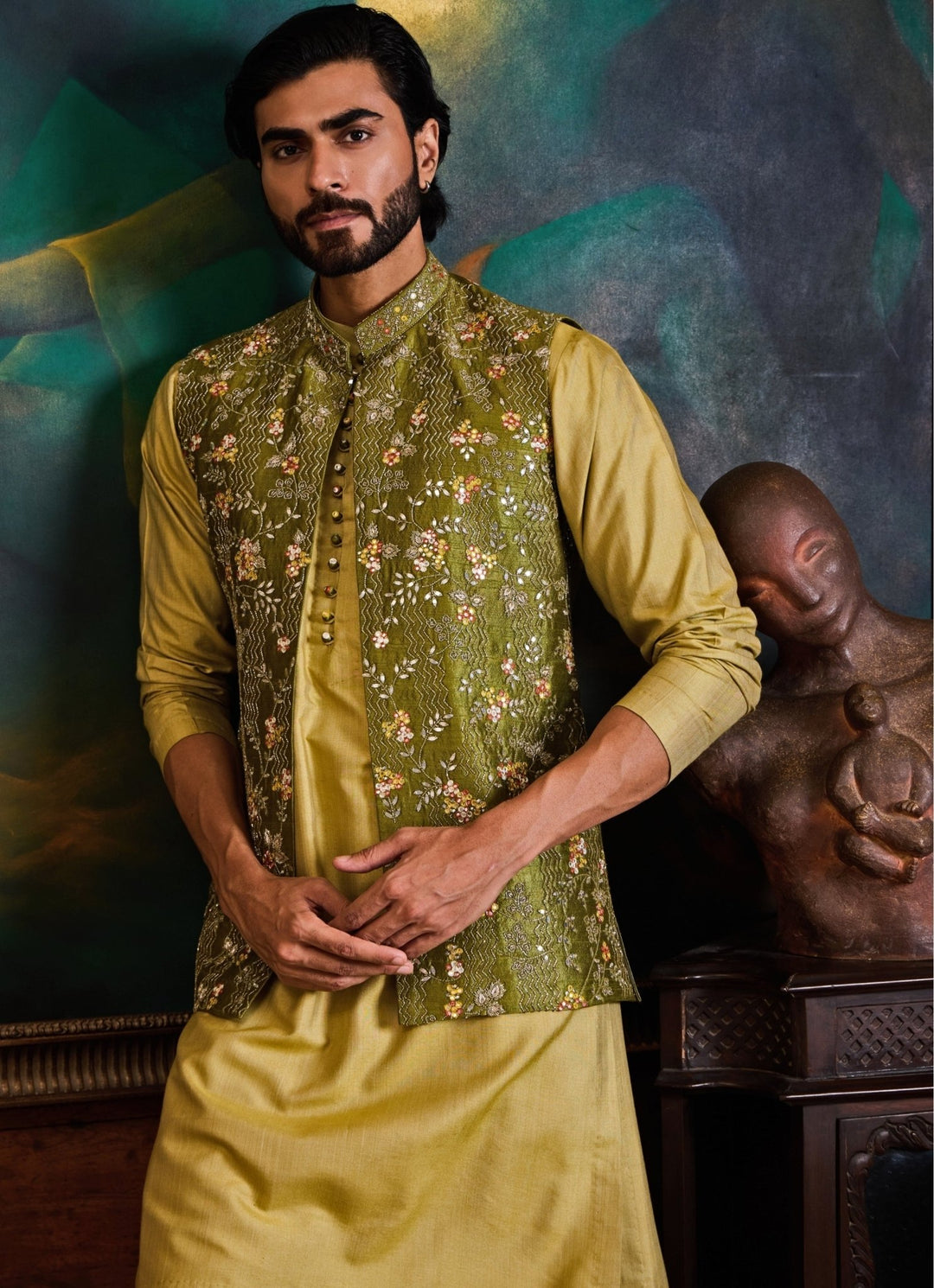 Lime Yellow and Green Raw Silk Nehru Jacket Set Nitika Gujral - Men - Fabilicious Fashion