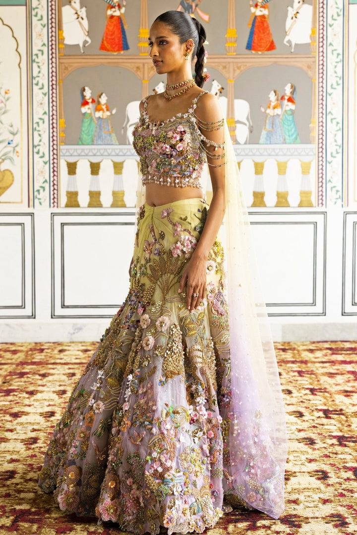 Moledro Lime Yellow And Lilac Organza Mermaid Lehenga SetFabilicious Fashion