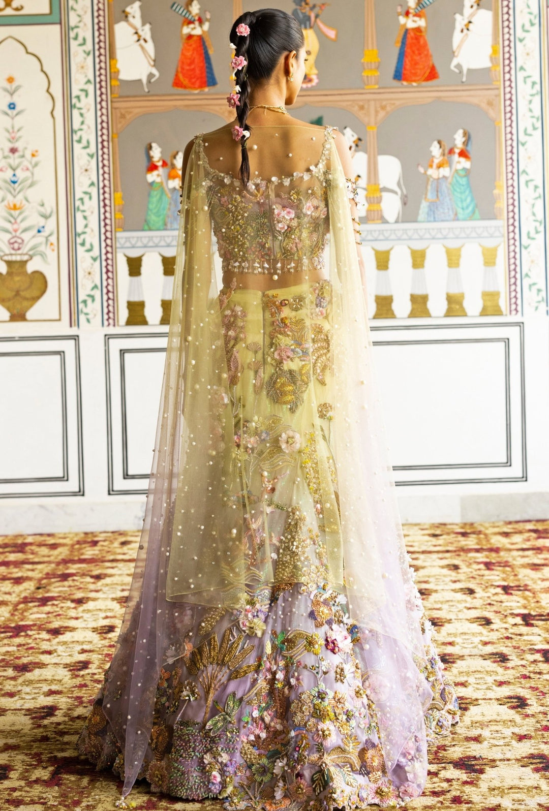 Moledro Lime Yellow And Lilac Organza Mermaid Lehenga SetFabilicious Fashion