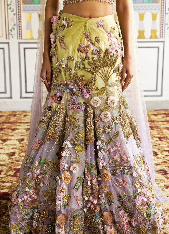Moledro Lime Yellow And Lilac Organza Mermaid Lehenga SetFabilicious Fashion