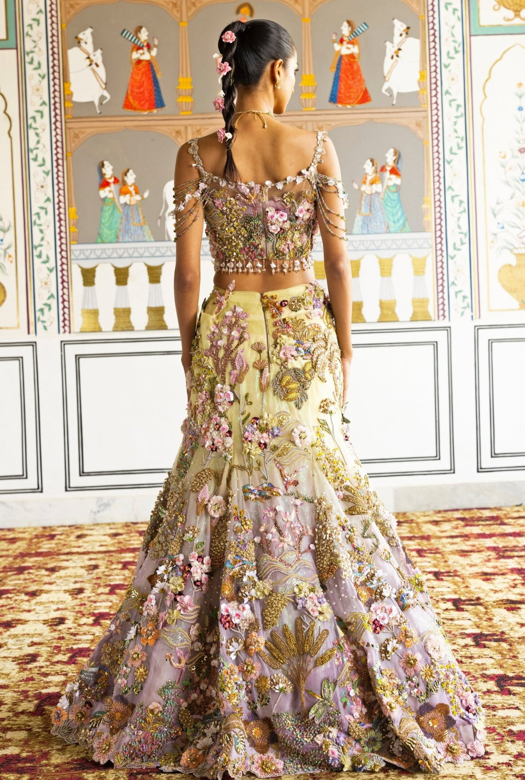 Moledro Lime Yellow And Lilac Organza Mermaid Lehenga SetFabilicious Fashion