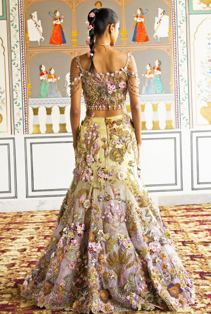 Moledro Lime Yellow And Lilac Organza Mermaid Lehenga SetFabilicious Fashion