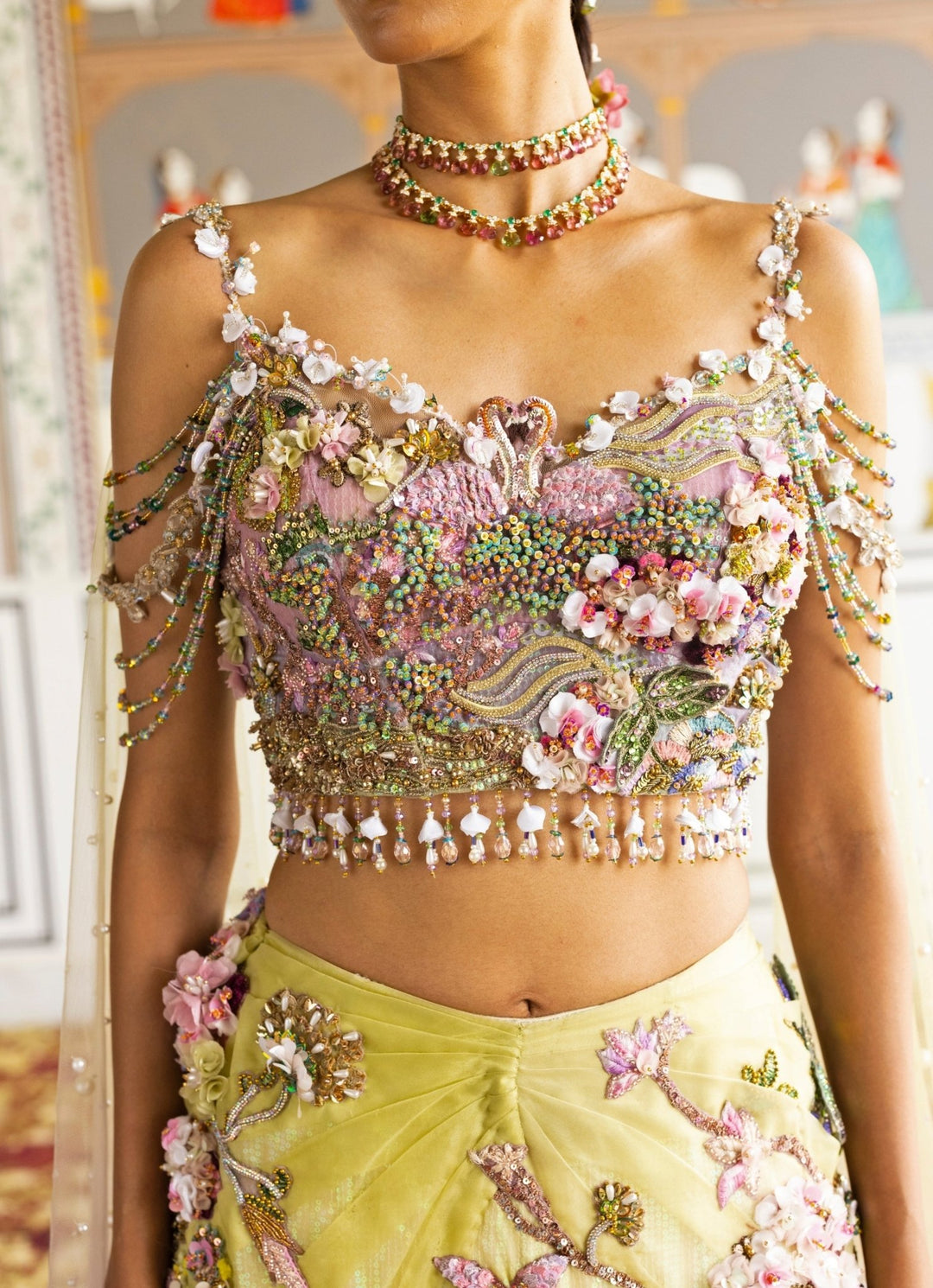 Moledro Lime Yellow And Lilac Organza Mermaid Lehenga SetFabilicious Fashion