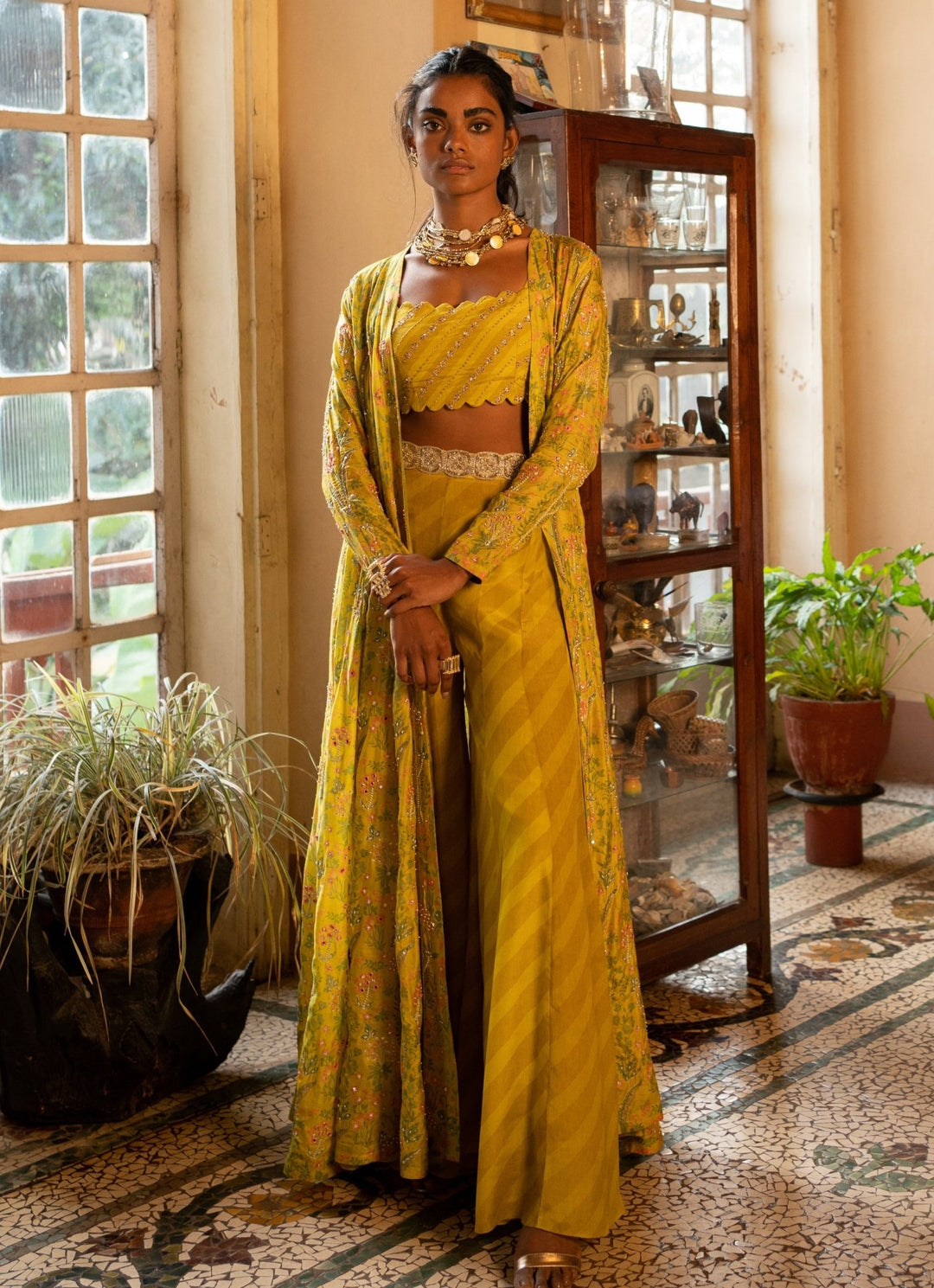 Lime Yellow Crepe Sharara Set With Jacket Paulmi and Harsh - Fabilicious Fashion