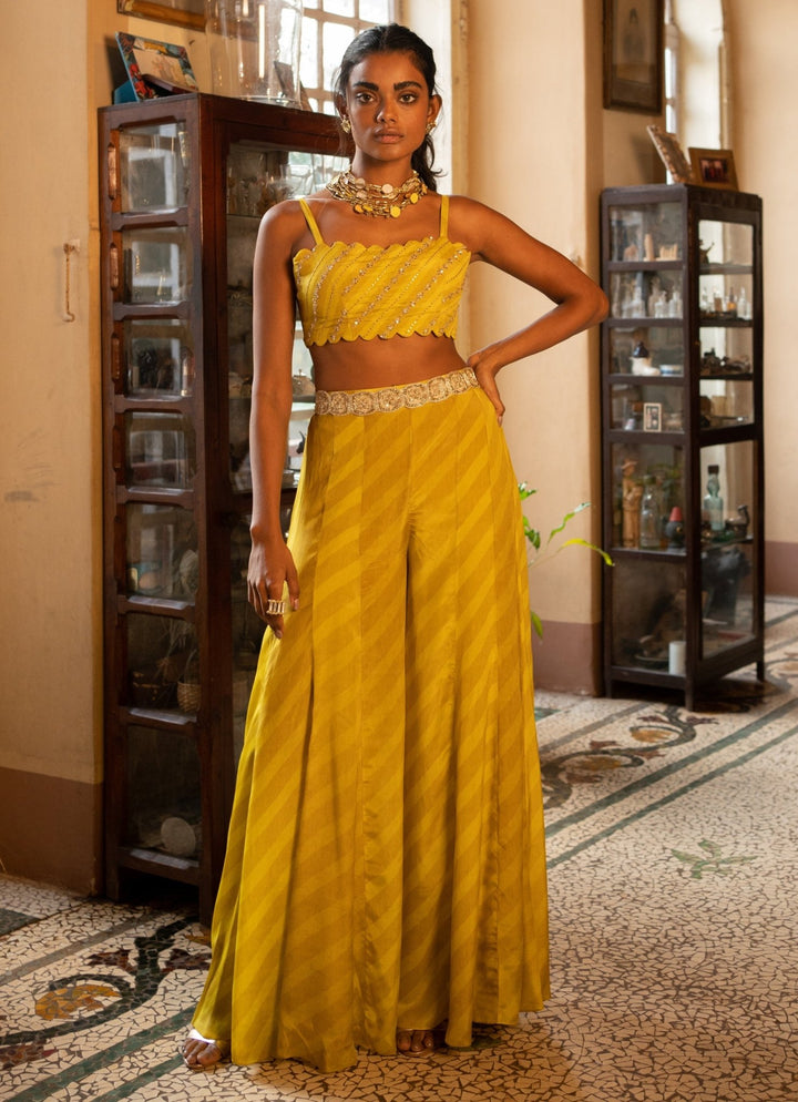 Lime Yellow Crepe Sharara Set With Jacket Paulmi and Harsh - Fabilicious Fashion