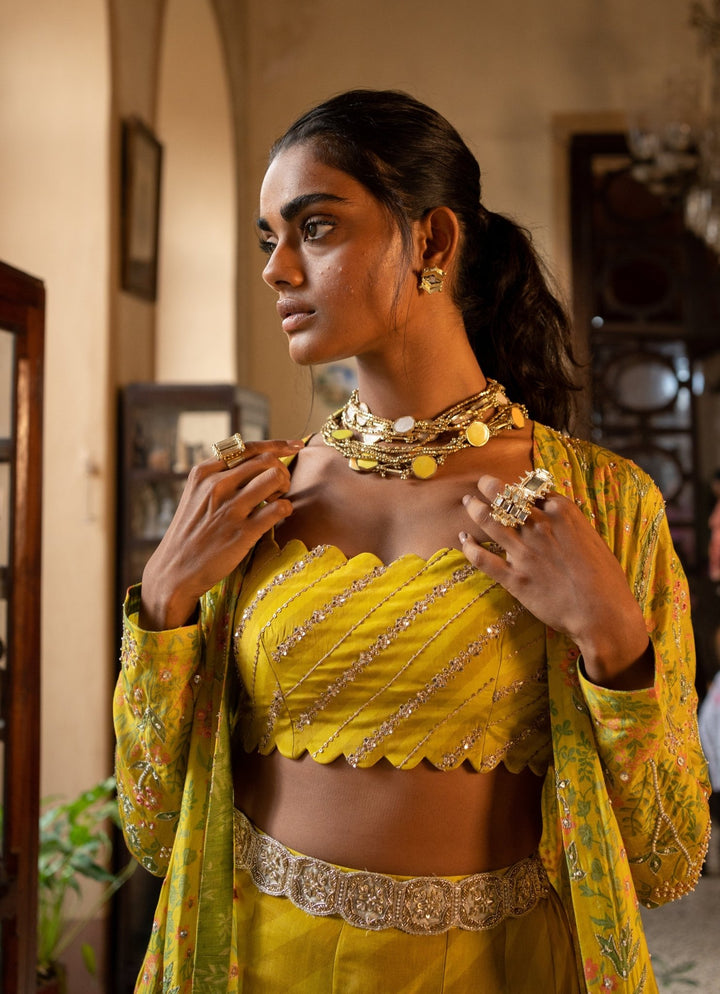 Lime Yellow Crepe Sharara Set With Jacket Paulmi and Harsh - Fabilicious Fashion