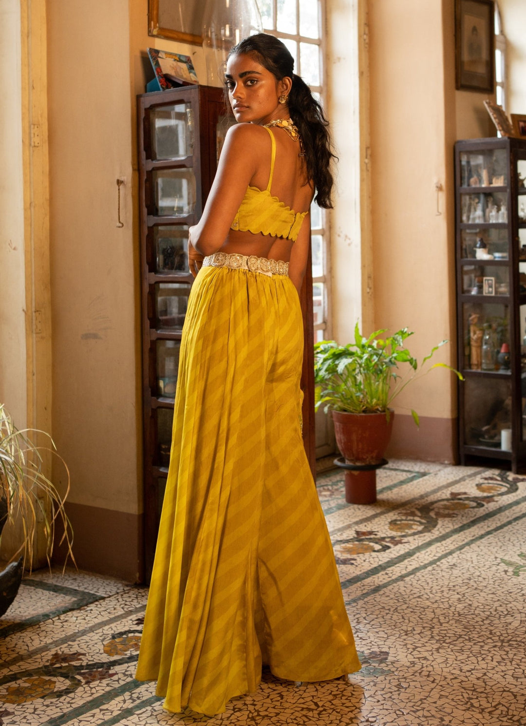 Lime Yellow Crepe Sharara Set With Jacket Paulmi and Harsh - Fabilicious Fashion