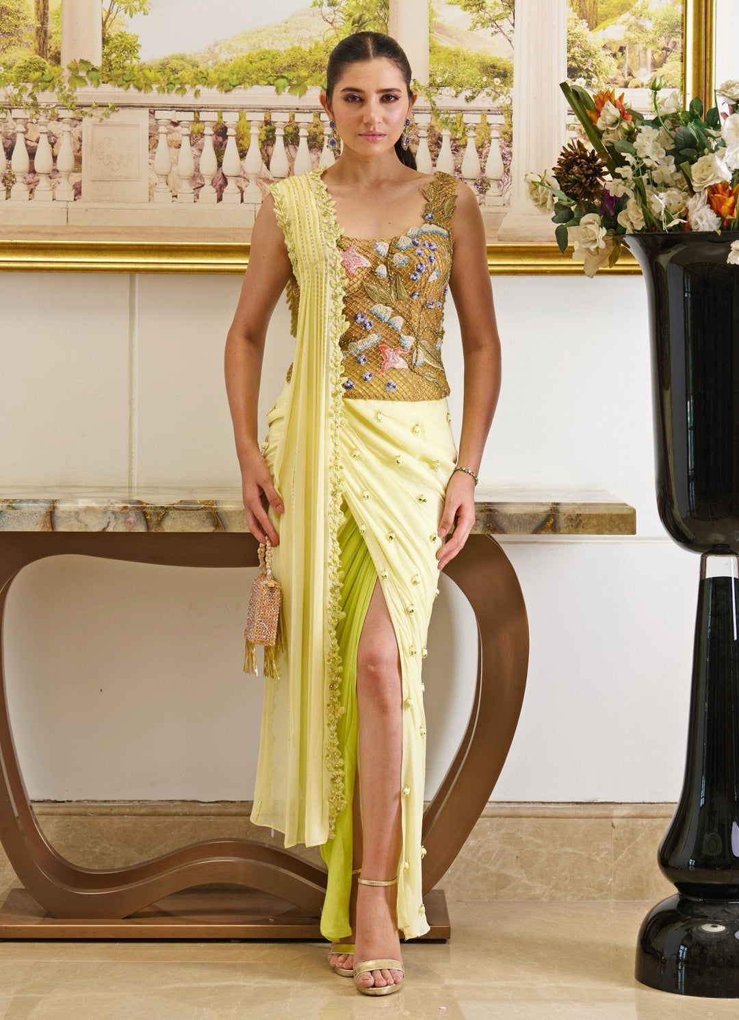 Lime Yellow Embroidered And Pre - Draped Georgette Skirt Saree Moledro - Fabilicious Fashion