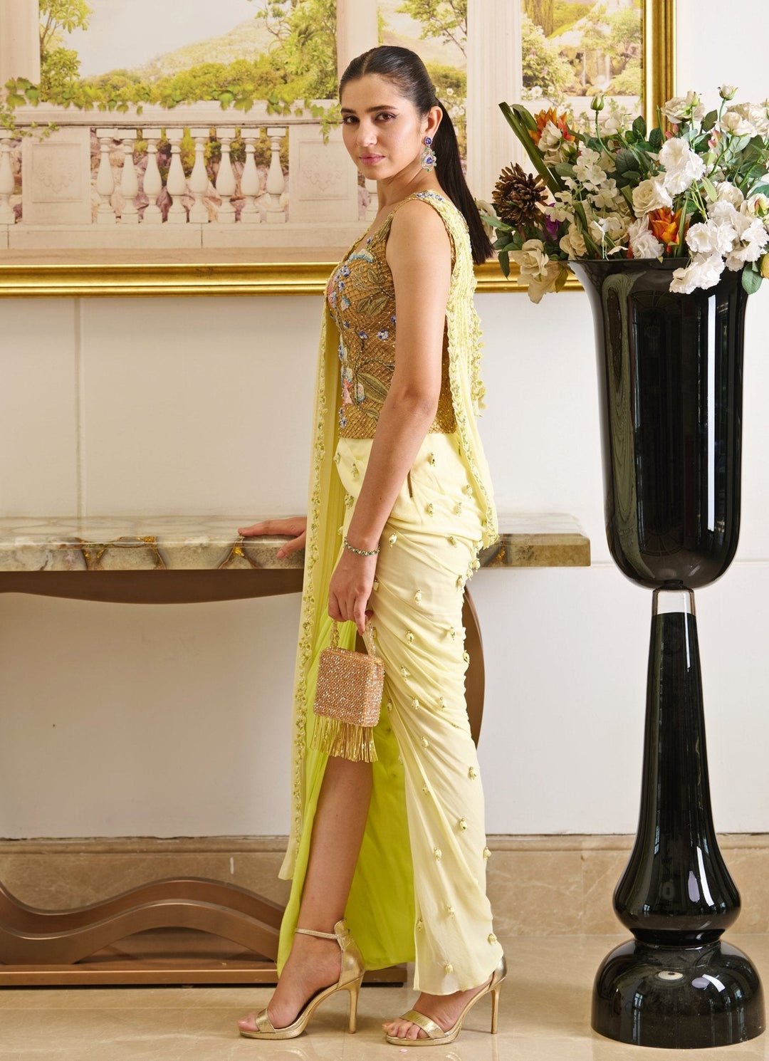 Lime Yellow Embroidered And Pre - Draped Georgette Skirt Saree Moledro - Fabilicious Fashion
