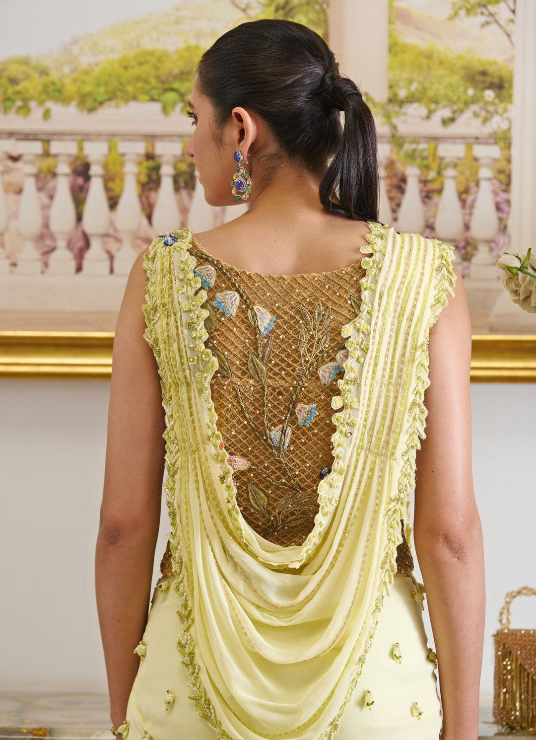 Lime Yellow Embroidered And Pre - Draped Georgette Skirt Saree Moledro - Fabilicious Fashion