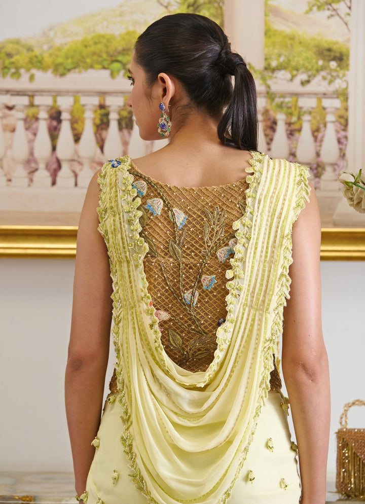 Lime Yellow Embroidered And Pre - Draped Georgette Skirt Saree Moledro - Fabilicious Fashion