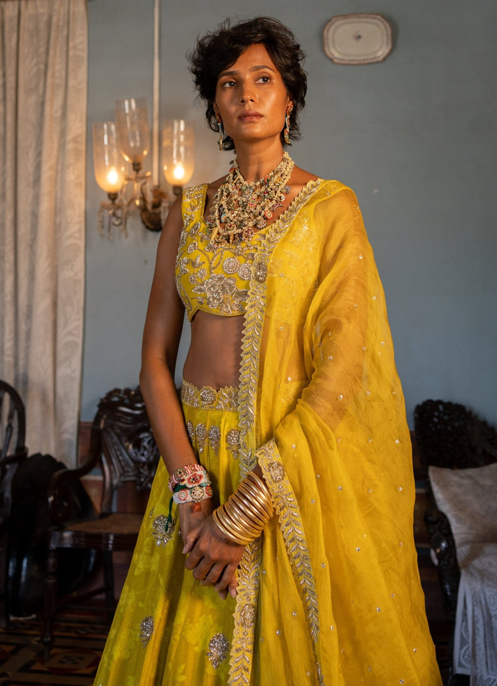 Lime Yellow Embroidered Jacquard Lehenga Set Paulmi and Harsh - Fabilicious Fashion