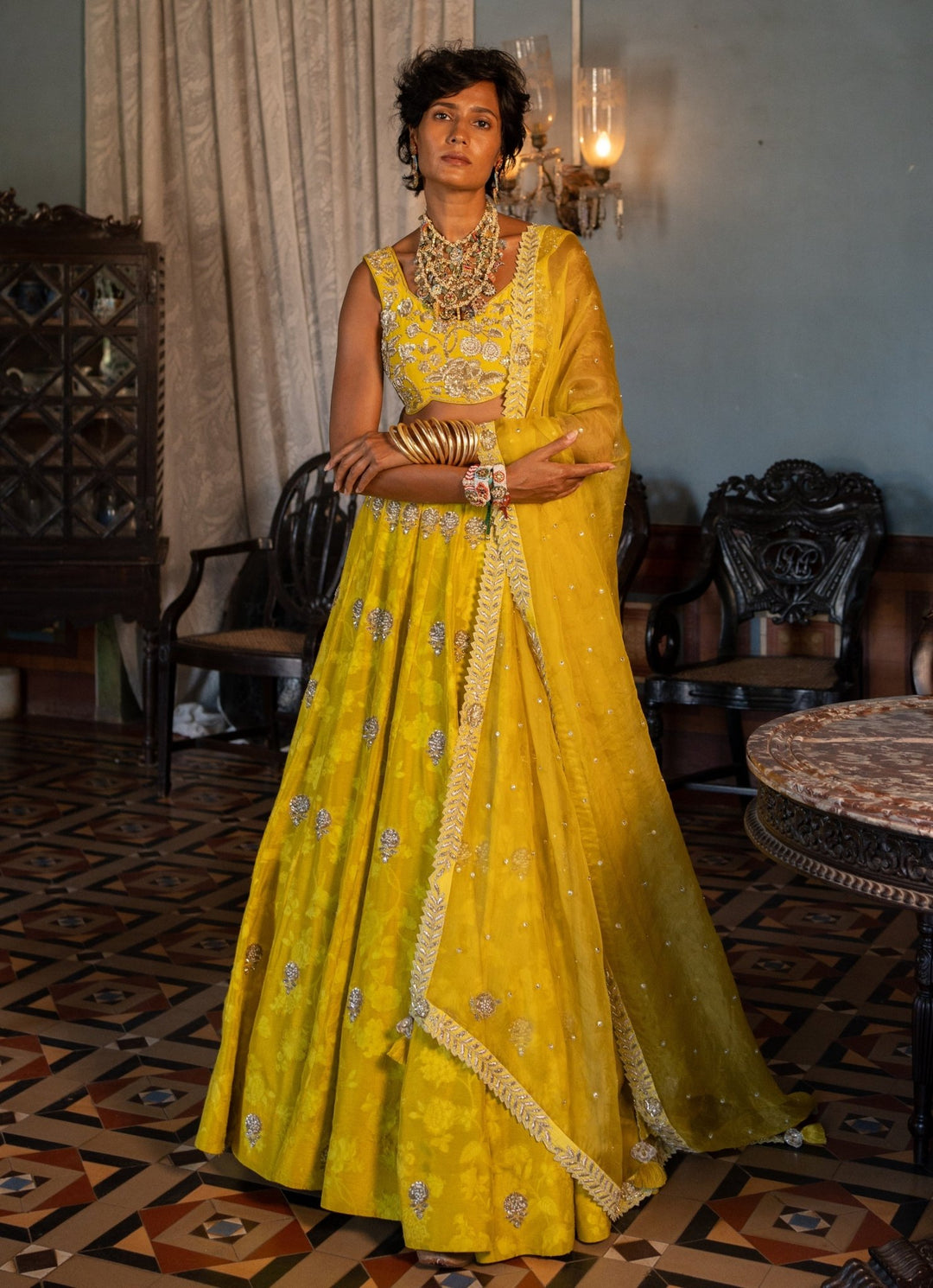 Lime Yellow Embroidered Jacquard Lehenga Set Paulmi and Harsh - Fabilicious Fashion