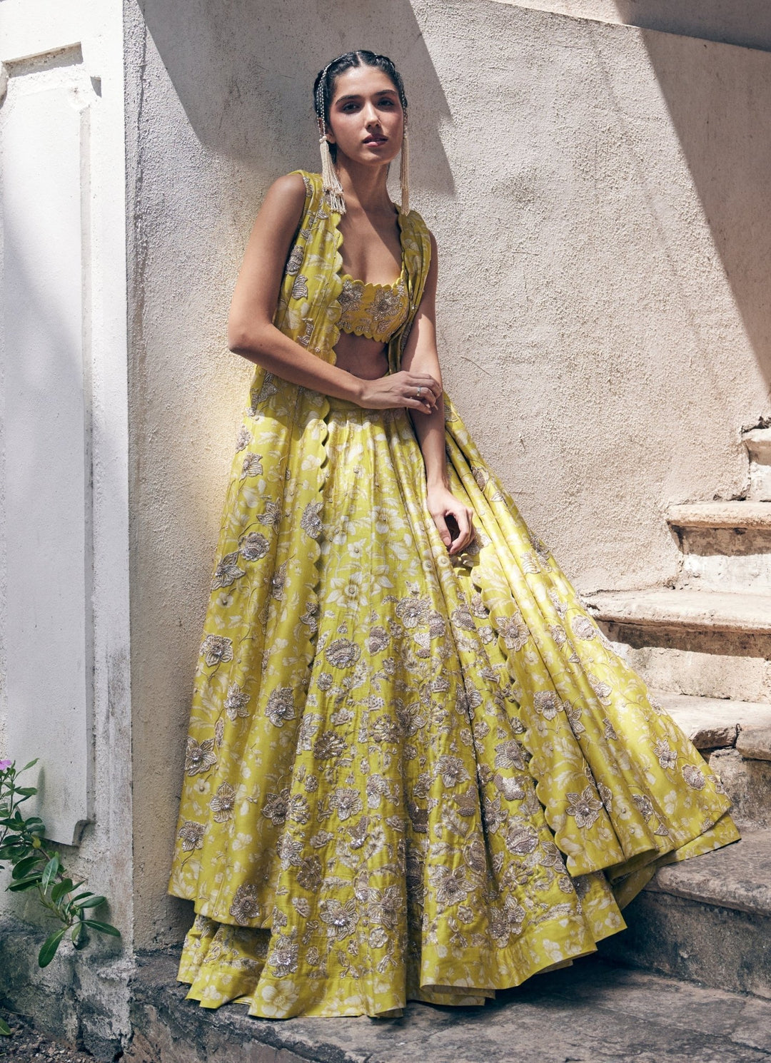 Lime Yellow Embroidered Raw Silk Lehenga Jacket Set Paulmi and Harsh - Fabilicious Fashion