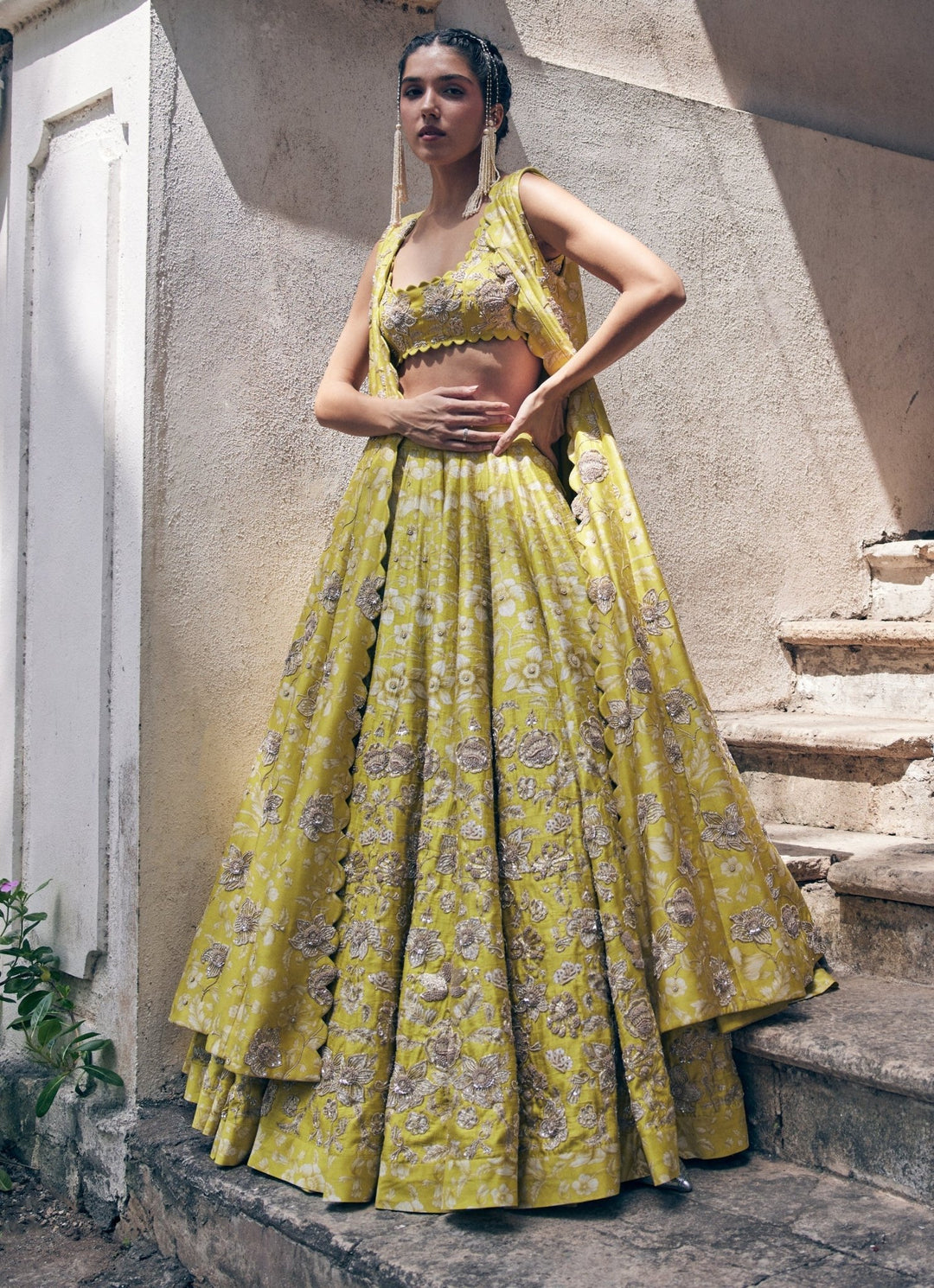 Lime Yellow Embroidered Raw Silk Lehenga Jacket Set Paulmi and Harsh - Fabilicious Fashion